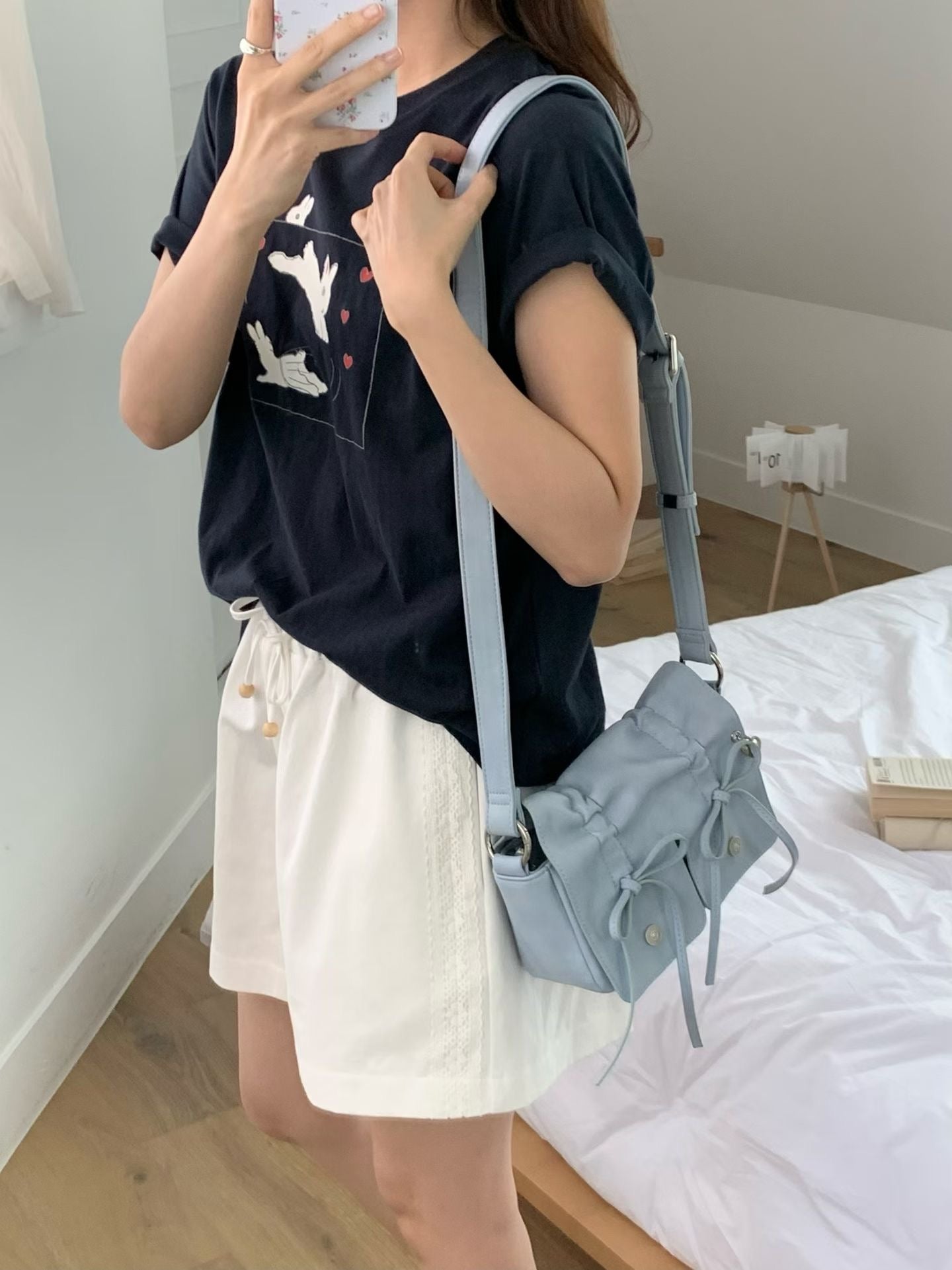 Skyblue Designer Brand Ribbon Leather Shoulder Bag (Large/Mini)