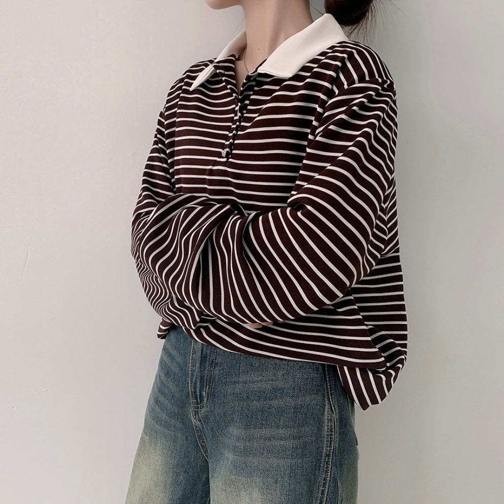Collar striped long-sleeve top
