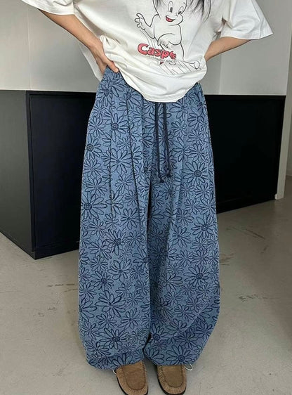 Unisex Floral pigment print loose-fit cotton one size pants