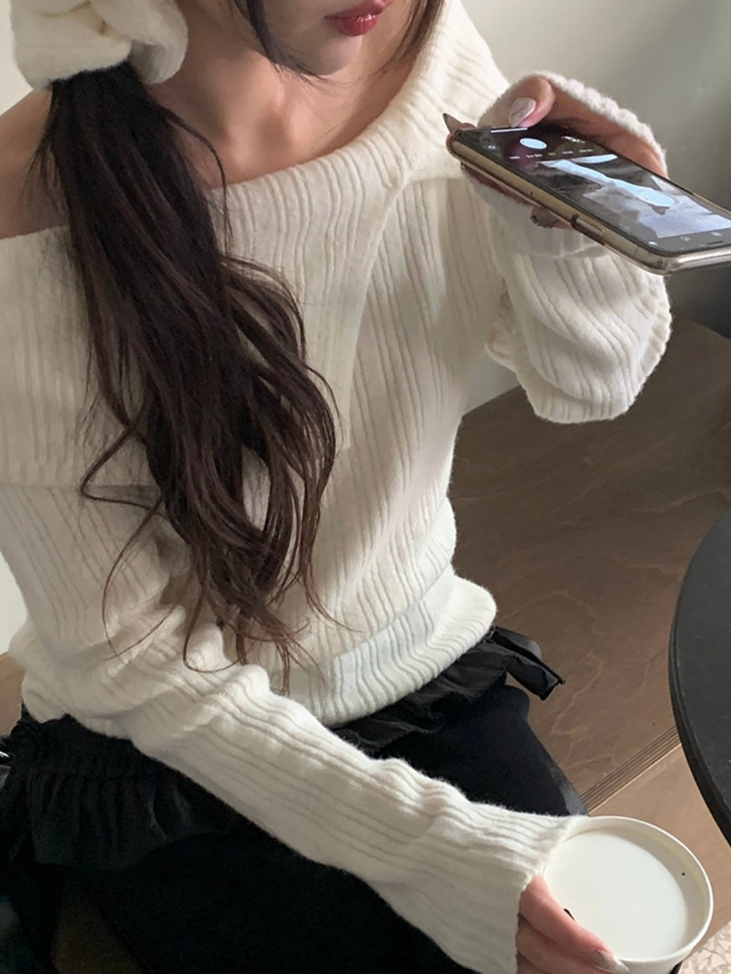 Two Collar Off Shoulder Knit Top