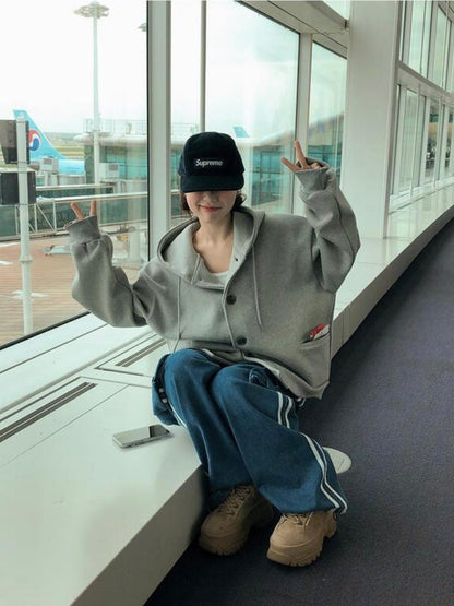 Oversized Double-Knit Button Hood Zip-Up