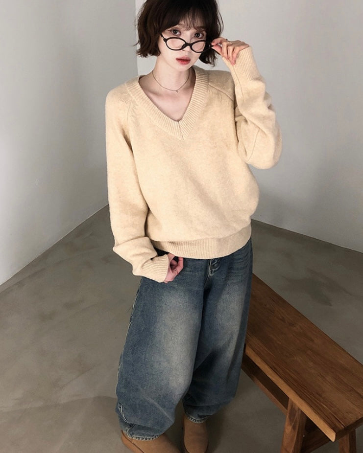 V neck Wool Blend Spring knitwear