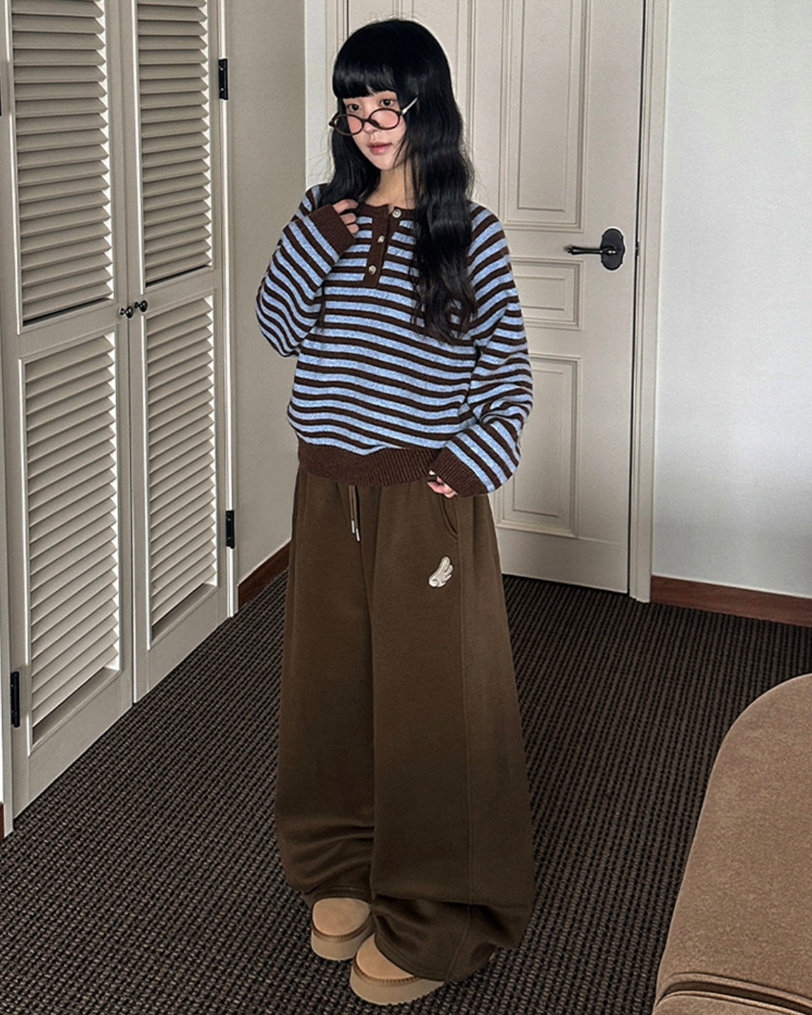 [LOOXP MADE] Sheepskin Short & Long Angel Embroidery Cut-Line Banding Wide Training Long Pants