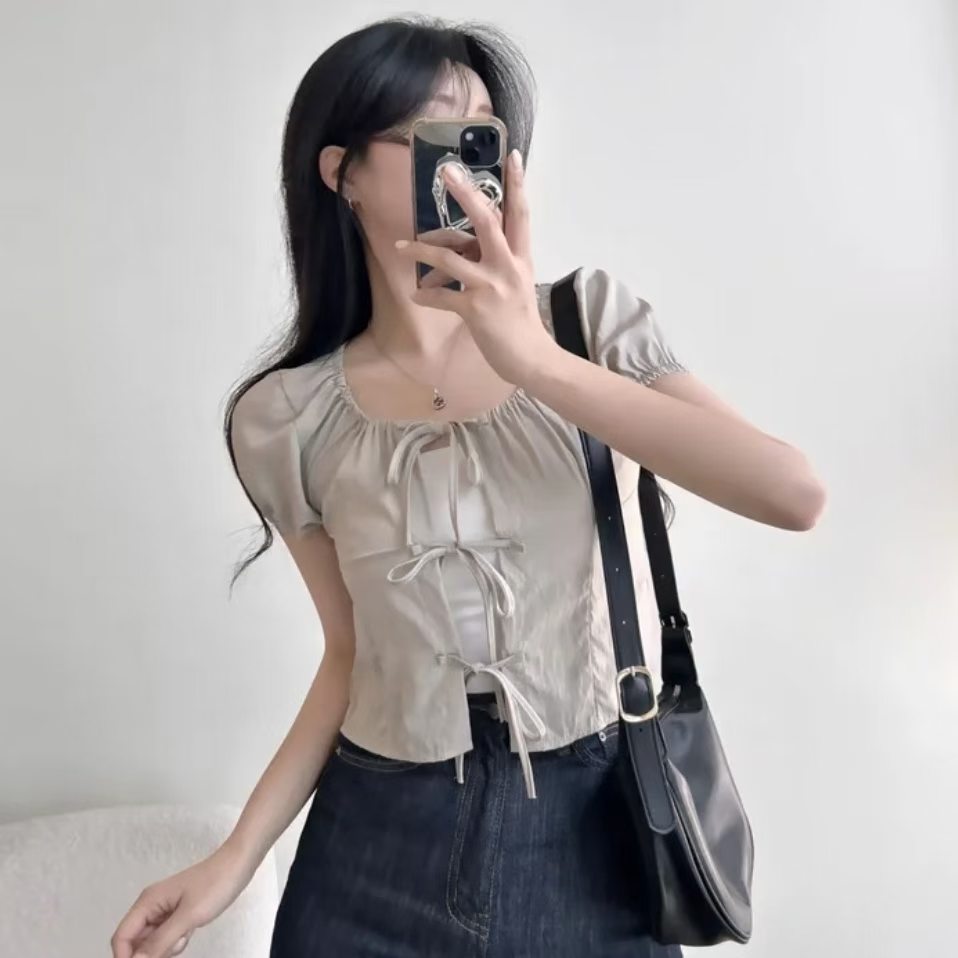 Ribbon Tie Front Puff Sleeve Blouse Cardigan (3Colours)