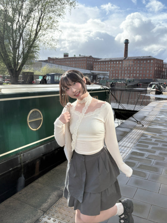 Lace-Trim Ribbed Long Sleeve Top with Scarf