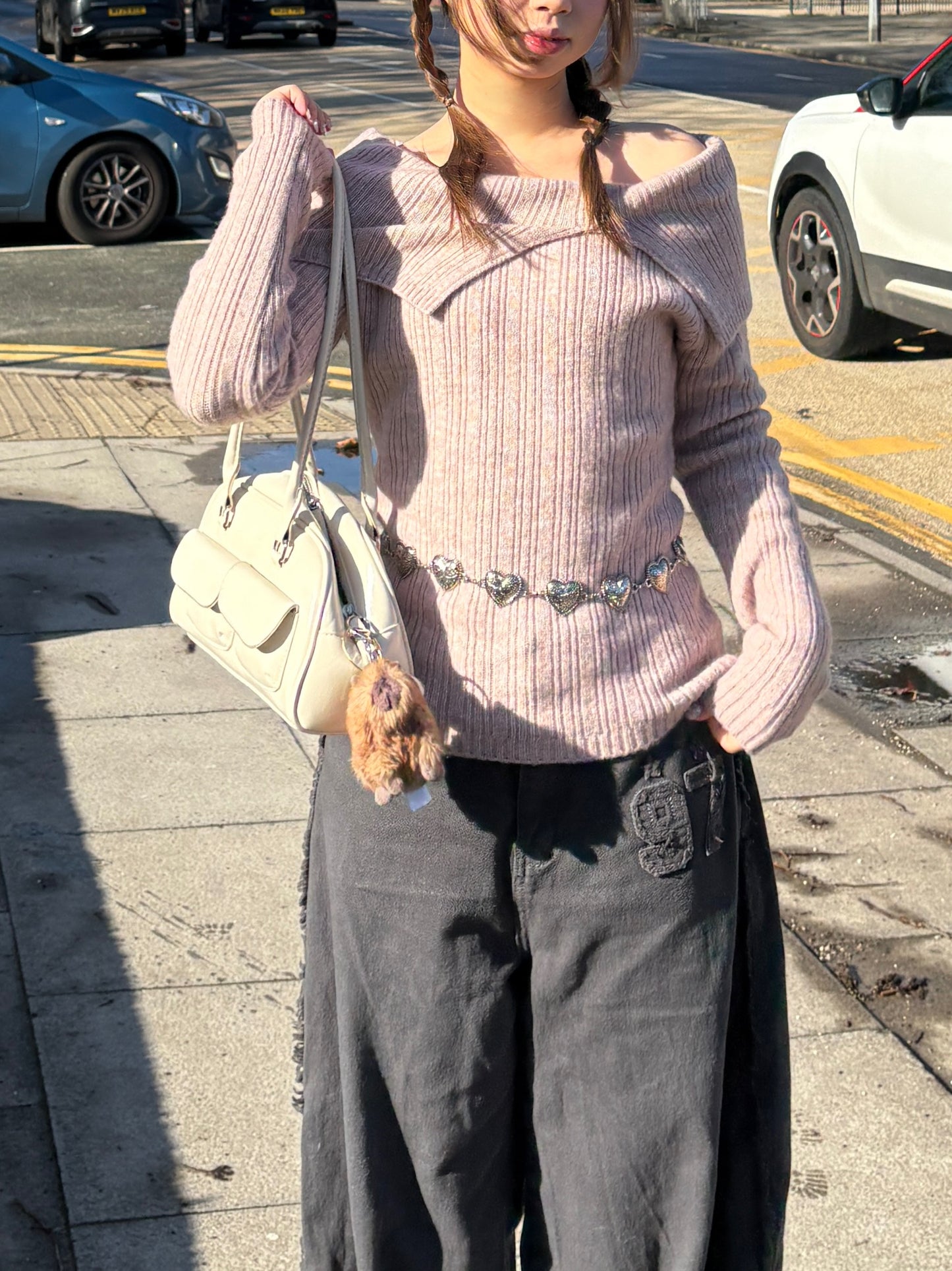 Two Collar Off Shoulder Knit Top