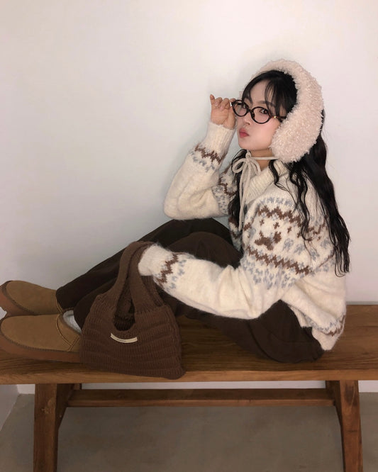 Nordic Rabbit Pattern Wool Knit Polo Cardigan