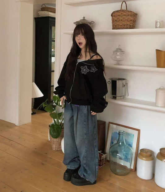 Star Embroidered Padded Hoodie Zip Up Jacket