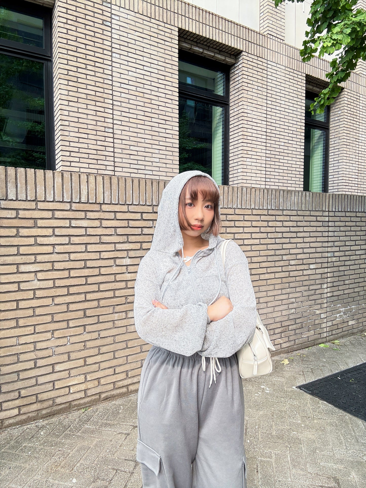 Summer Balloon Sleeves Crop Hooded Zip Up Cardigan (Grey)