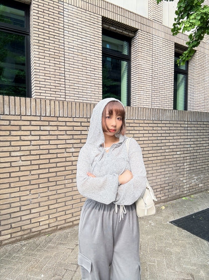 Summer Balloon Sleeves Crop Hooded Zip Up Cardigan (Grey)
