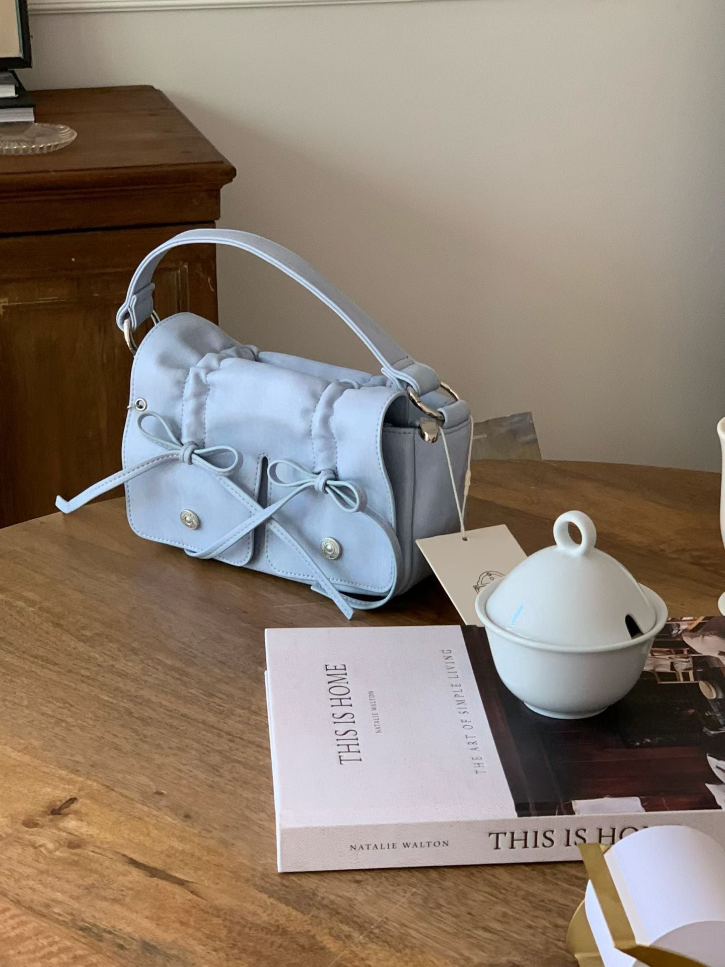 Skyblue Designer Brand Ribbon Leather Shoulder Bag (Large/Mini)