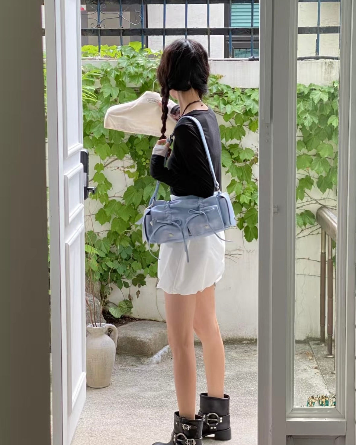 Skyblue Designer Brand Ribbon Leather Shoulder Bag (Large/Mini)