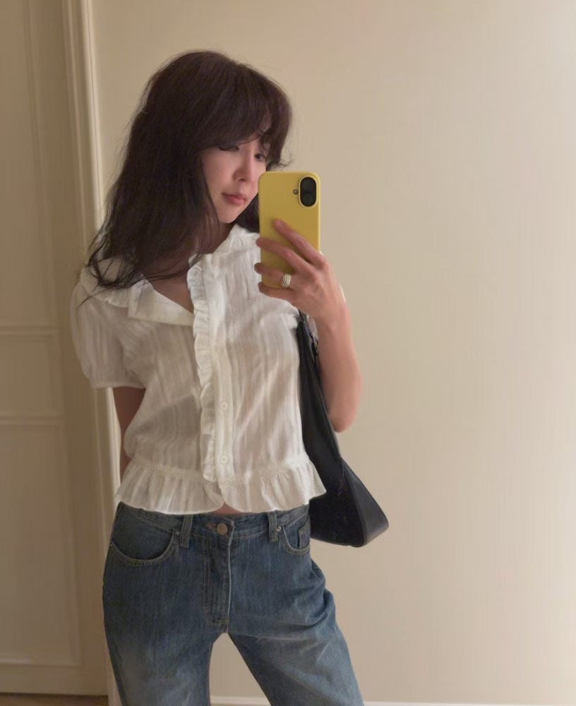 Dolly Button Up Layered Frill Collar Short Sleeve Blouse