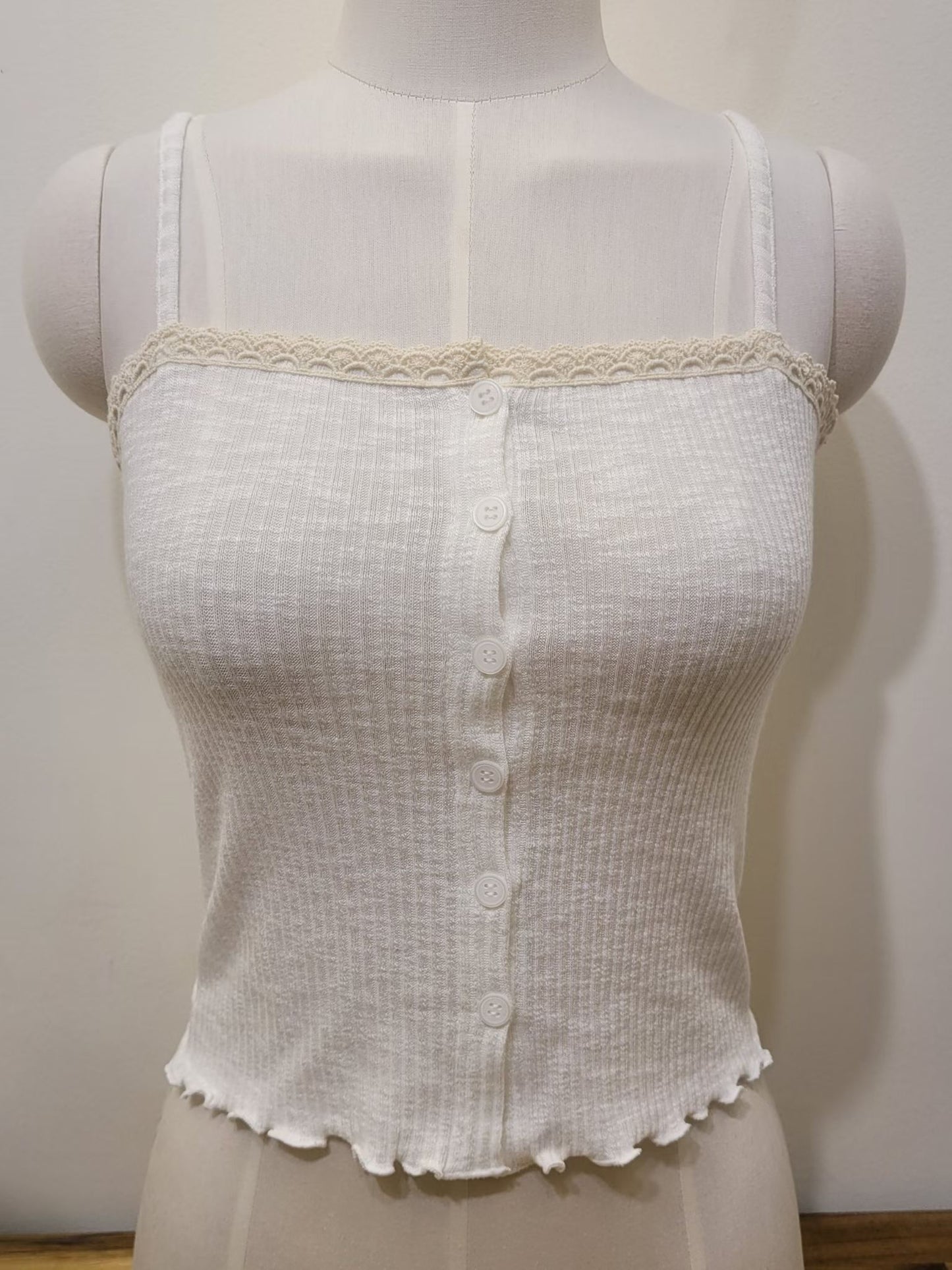 Soft Lace Trim Ribbed Fake Button Sleeveless Top (3 Colours)