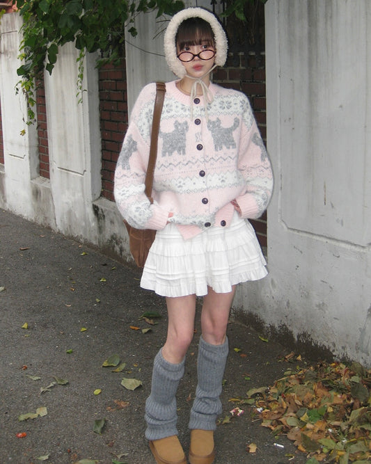 Strawberry Milk Pink Cat Snowflake Nordic Knit Wool Cardigan