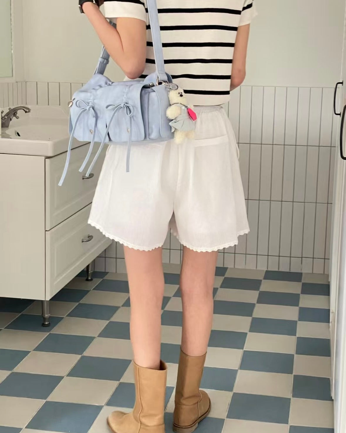 Skyblue Designer Brand Ribbon Leather Shoulder Bag (Large/Mini)