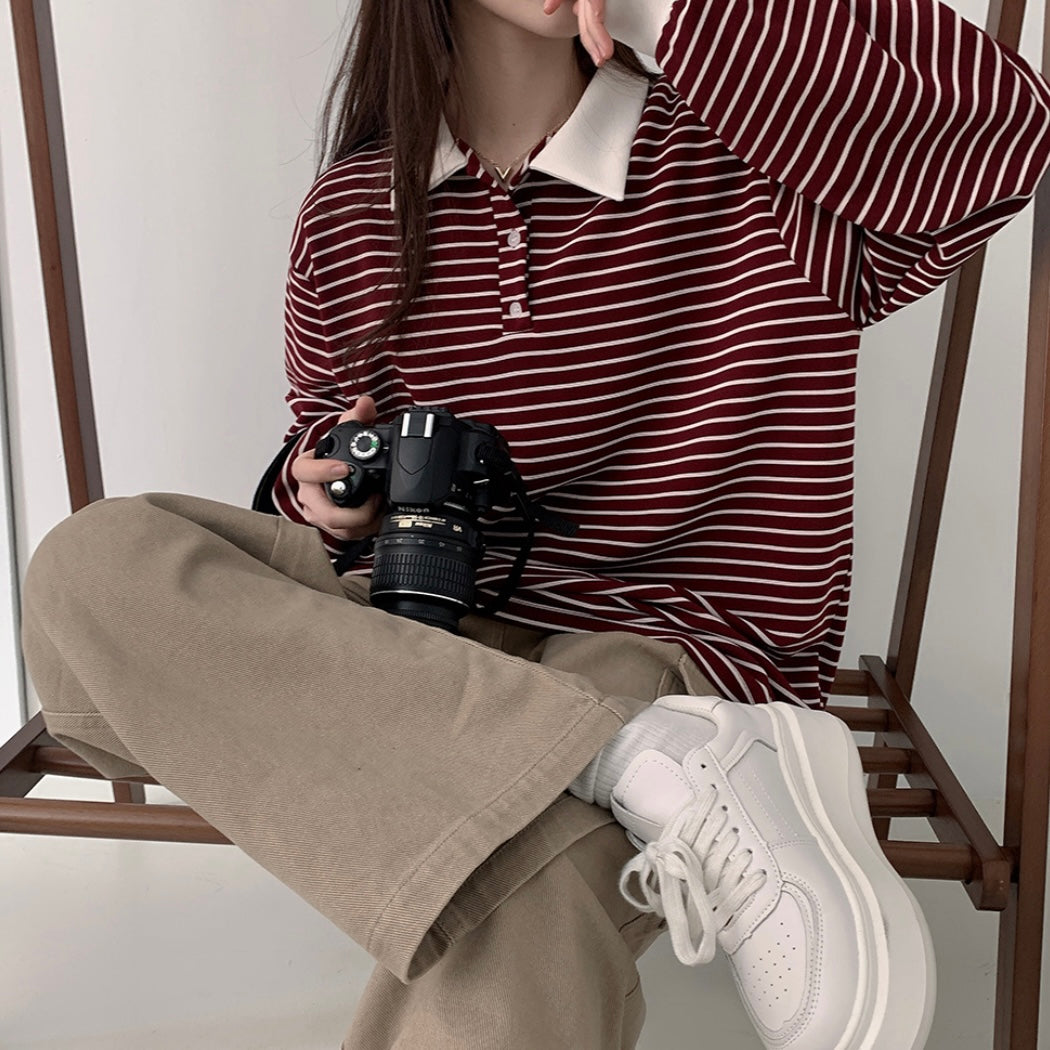 Collar striped long-sleeve top