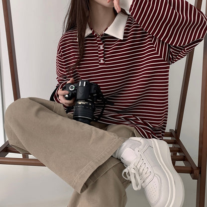 Collar striped long-sleeve top