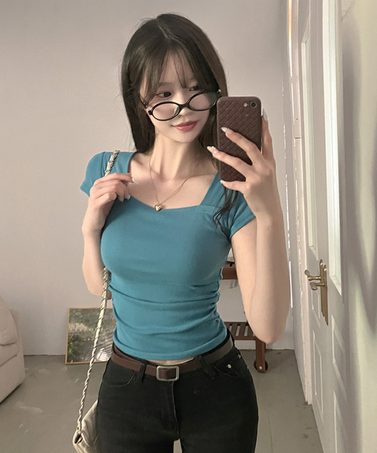Mint Pick! Daily Hero Square Neck Waisted Side Shirring Short Sleeve T-shirt (4 Colours)
