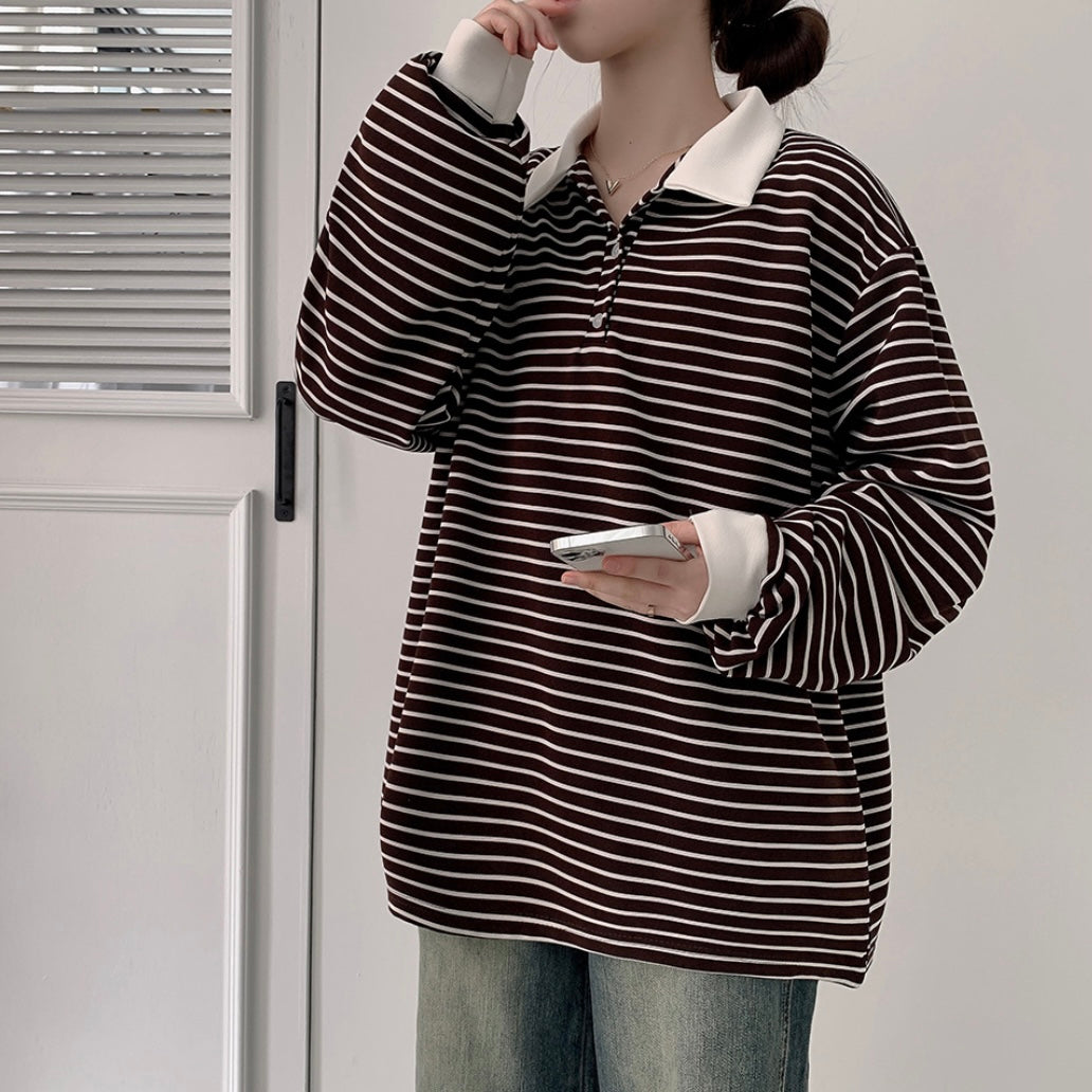 Collar striped long-sleeve top