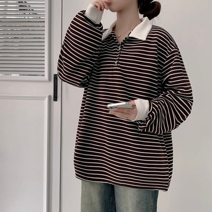 Collar striped long-sleeve top