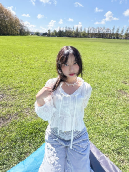 Ruffle Hem Long Sleeve Blouse with Ties