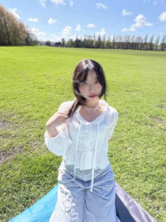 Ruffle Hem Long Sleeve Blouse with Ties