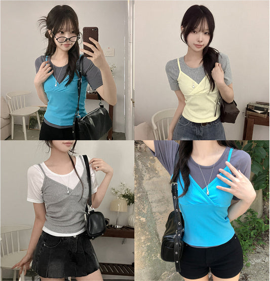 Lemon Core Ribbed Sleeveless Short Sleeve Layered Two-Piece Set (4Colours)