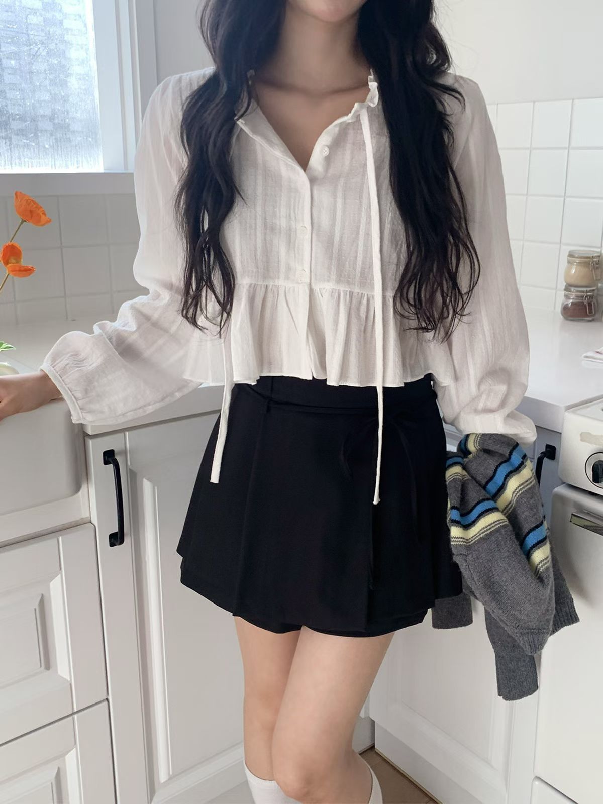 Ruffle Hem Long Sleeve Blouse with Ties