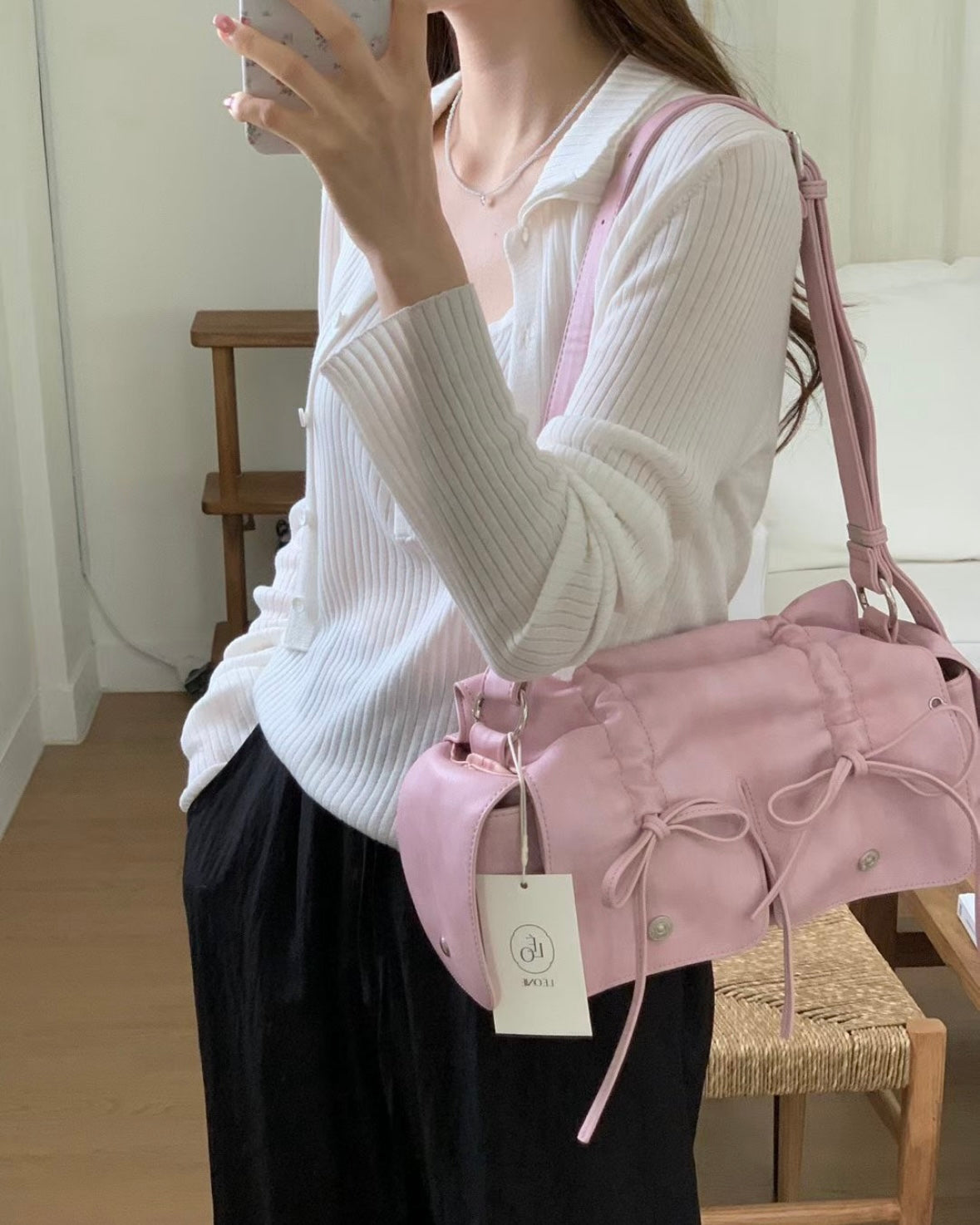 Pink Designer Brand Ribbon Leather Shoulder Bag (Large/Mini)