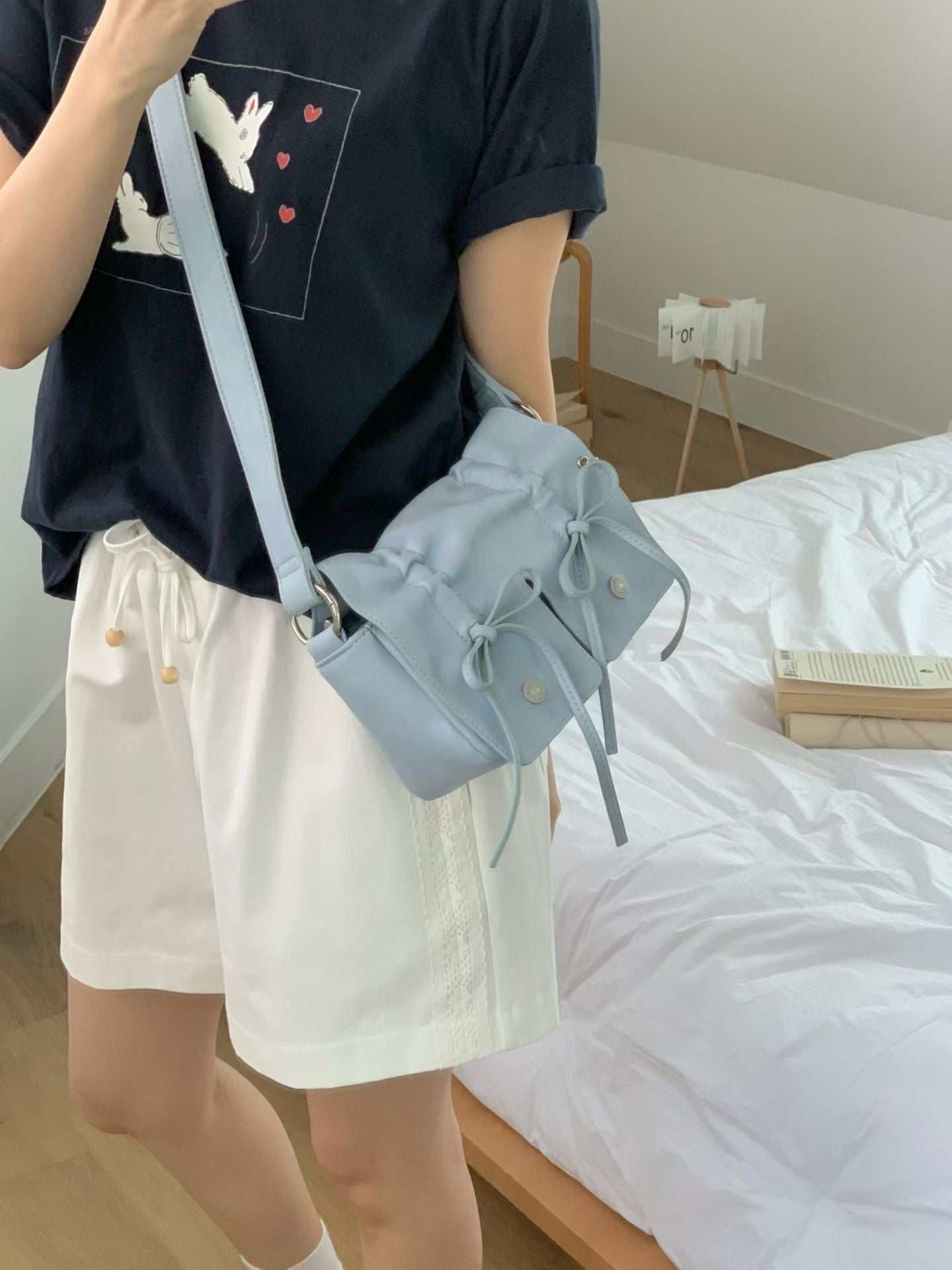 Skyblue Designer Brand Ribbon Leather Shoulder Bag (Large/Mini)