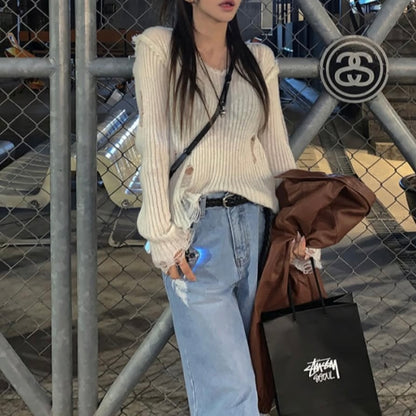 (BF NEW IN) V-neck Knit Wool Mesh Long Sleeve T-shirt