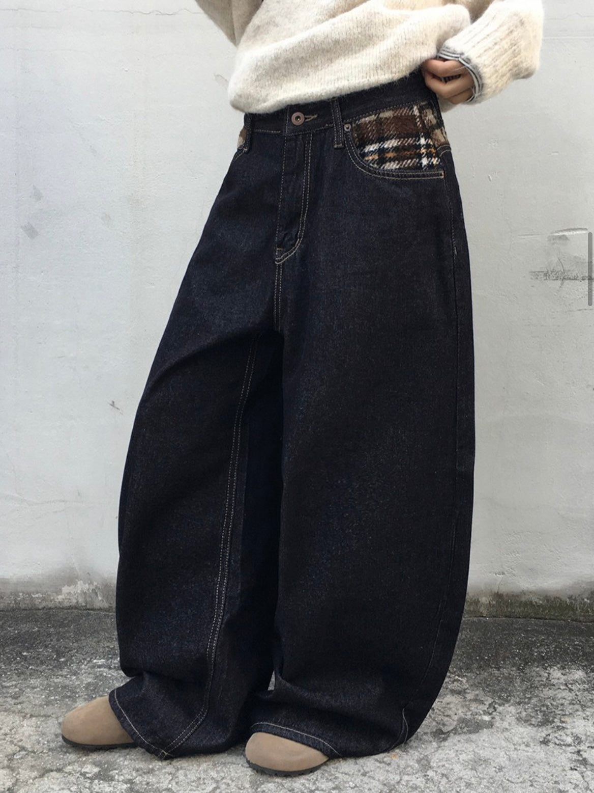 (DEC NEW) Winter Denim Check Wool Balloon Pants