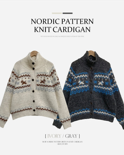 Nordic Rabbit Pattern Wool Knit Polo Cardigan