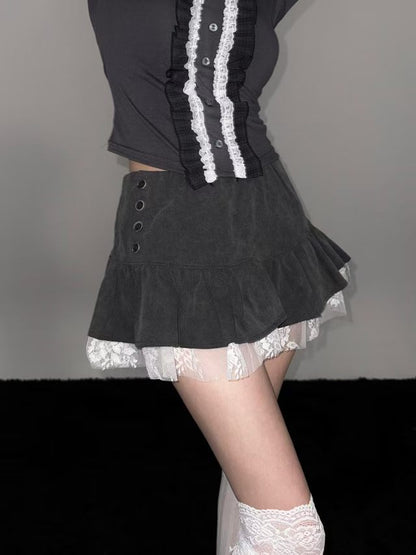 Lace Hem Trim Button Detail Mini Skirt (2 Colours)