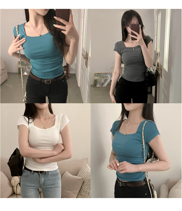 Mint Pick! Daily Hero Square Neck Waisted Side Shirring Short Sleeve T-shirt (4 Colours)