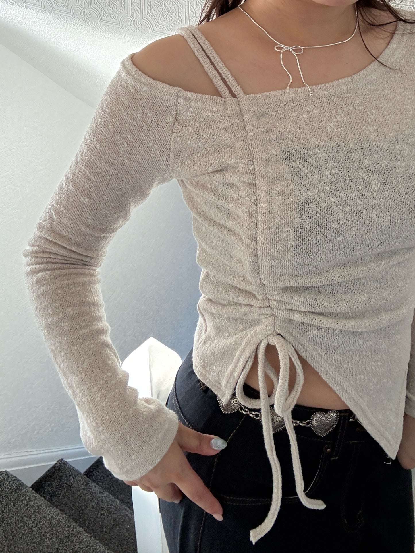 Unbalanced Ribbon Knit Strap Top