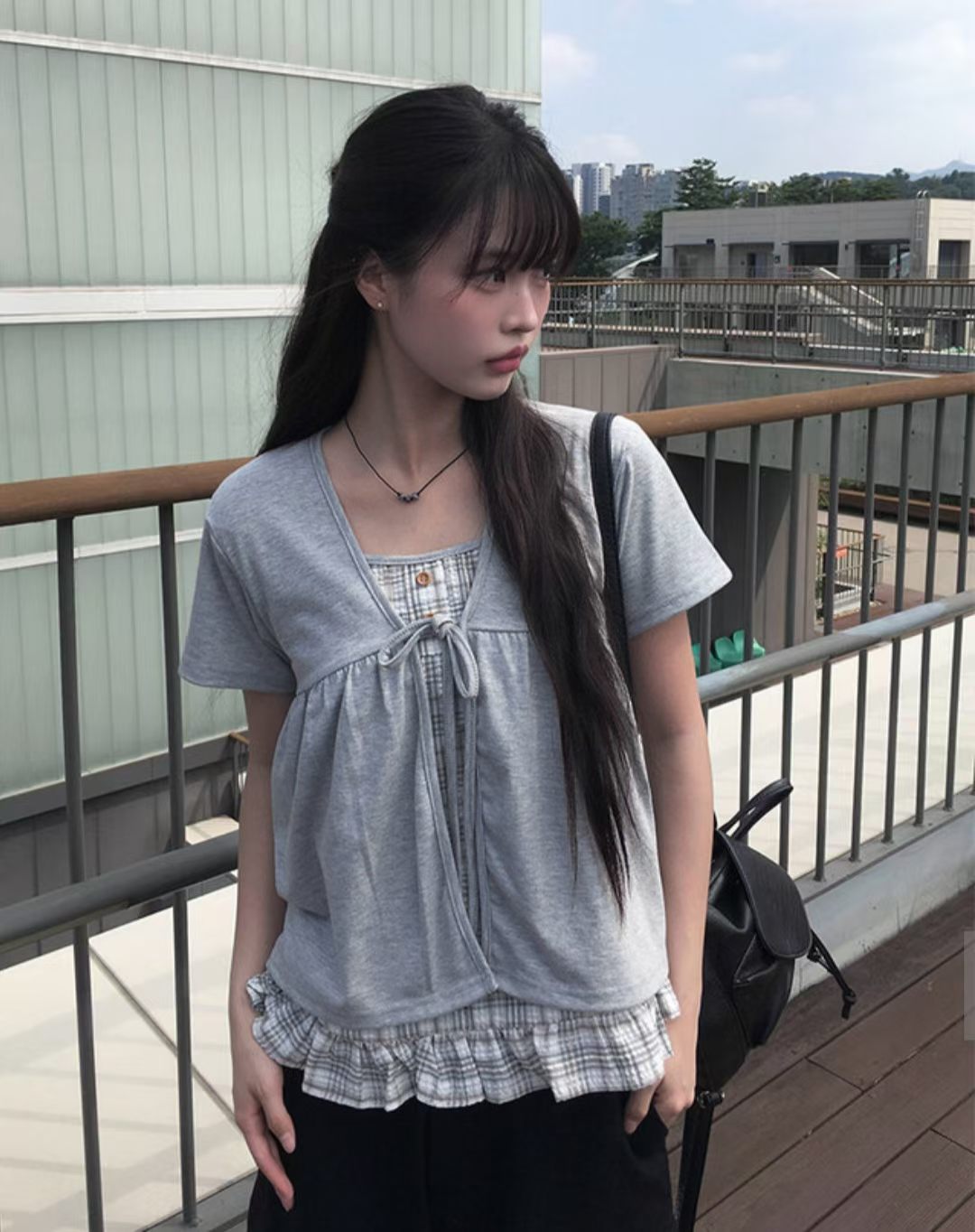 Pretty Check Color Layer Fake Cardigan Top