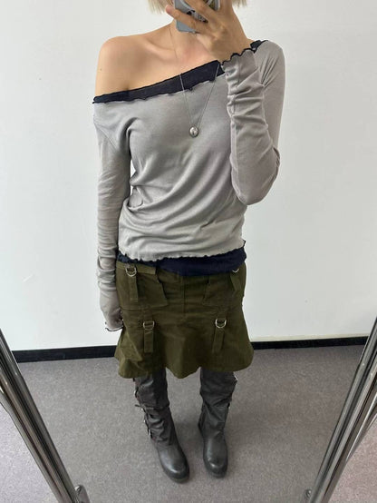 (Preorder) Contrast Off-shoulder Loose-fit Drape Layered Frill Long-sleeve T-shirt