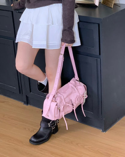 Pink Designer Brand Ribbon Leather Shoulder Bag (Large/Mini)