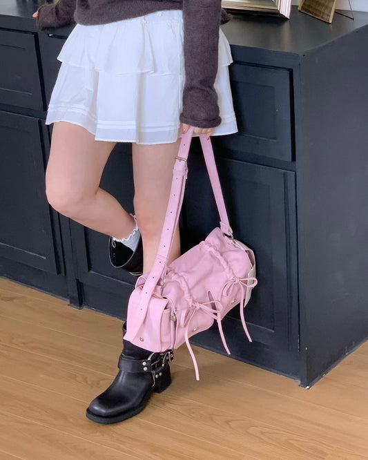 Pink Designer Brand Ribbon Leather Shoulder Bag (Large/Mini)