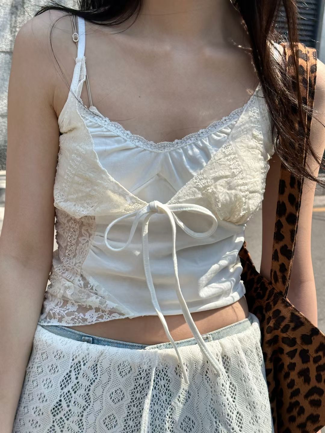 Layered Lace Patchwork Camisole with Bow