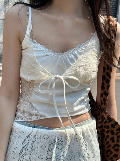 Layered Lace Patchwork Camisole with Bow