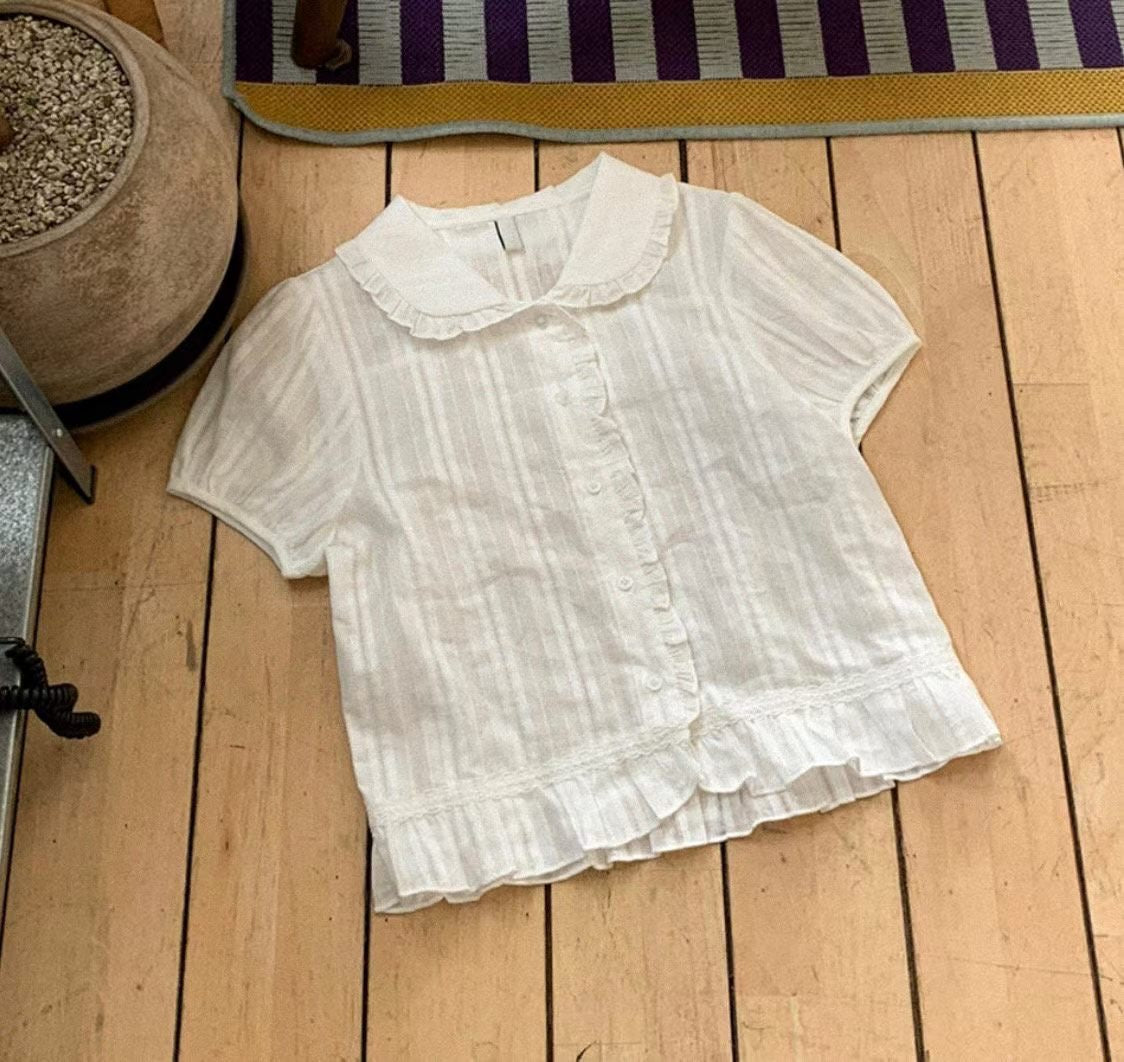 Dolly Button Up Layered Frill Collar Short Sleeve Blouse