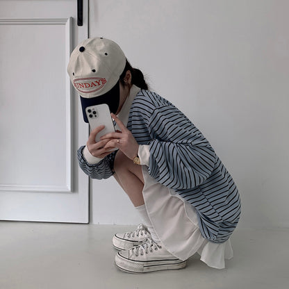 Collar striped long-sleeve top