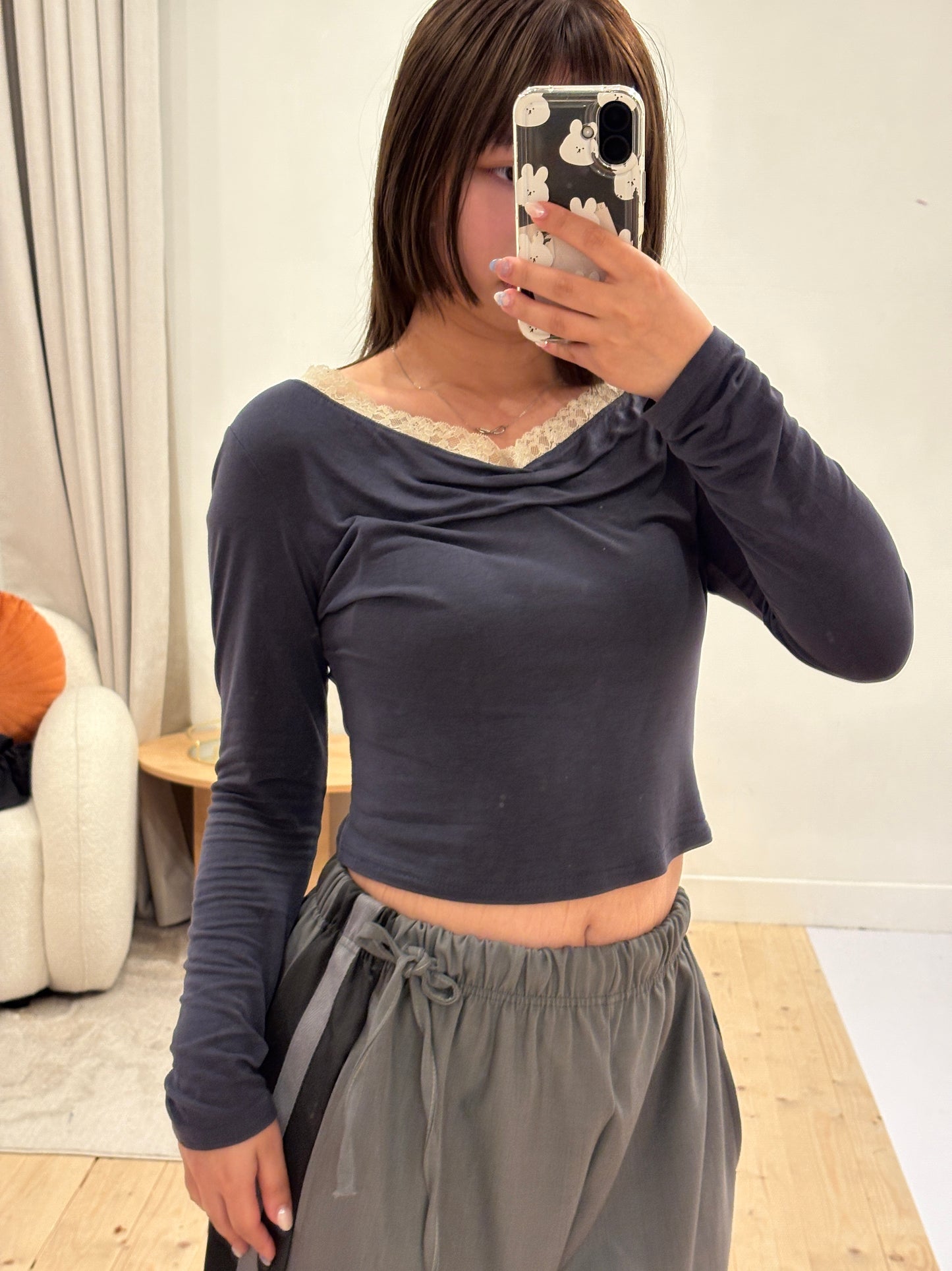 (Preorder) Shirred Lace Slim Drape Layered Long-Sleeve T-shirt (3 Colours)