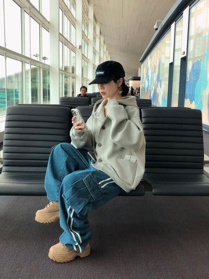 Oversized Double-Knit Button Hood Zip-Up