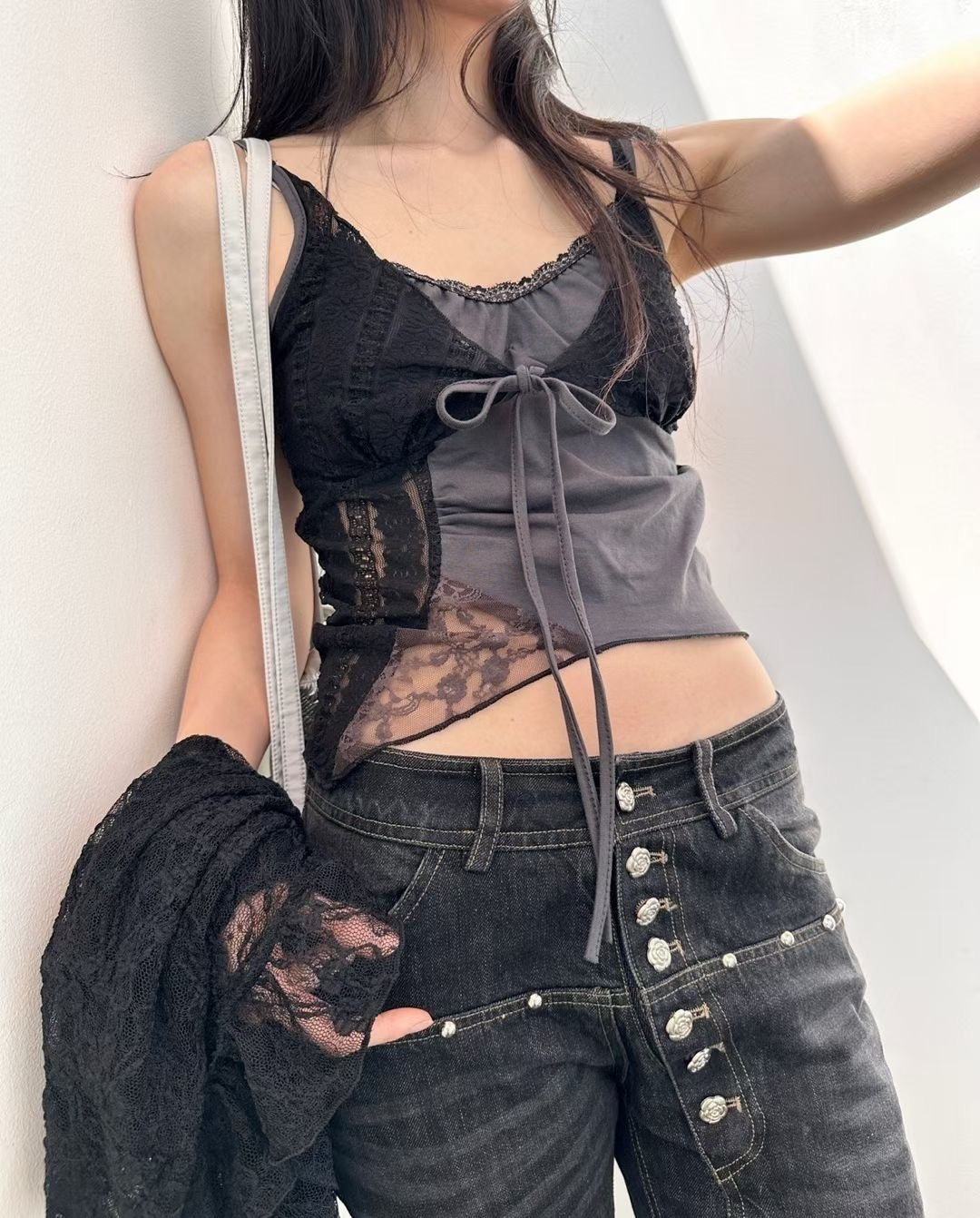 Layered Lace Patchwork Camisole with Bow