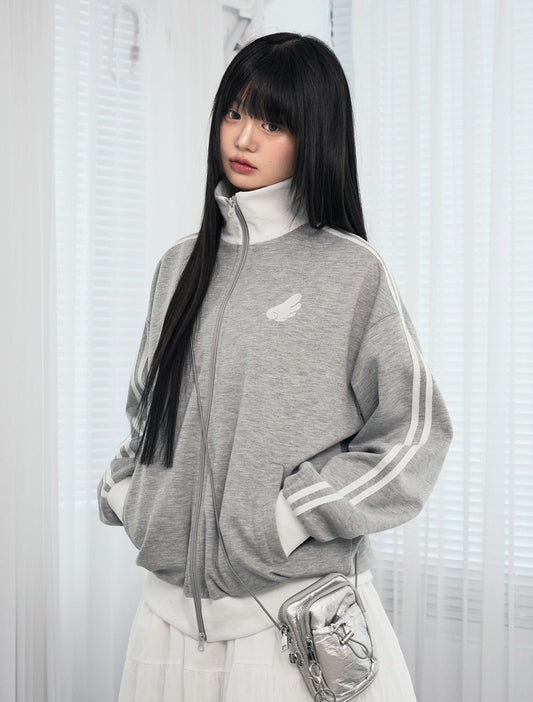 [LOOXP MADE] Angel Wings Embroidered High Neck Zip-Up Jersey
