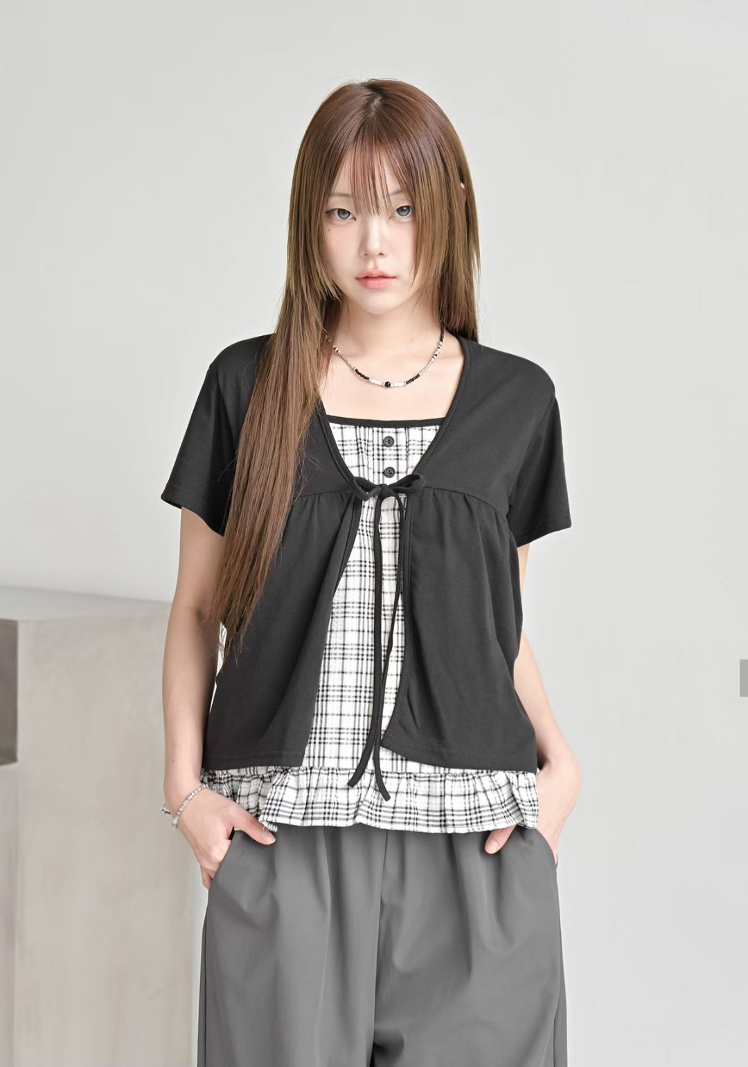 Pretty Check Color Layer Fake Cardigan Top